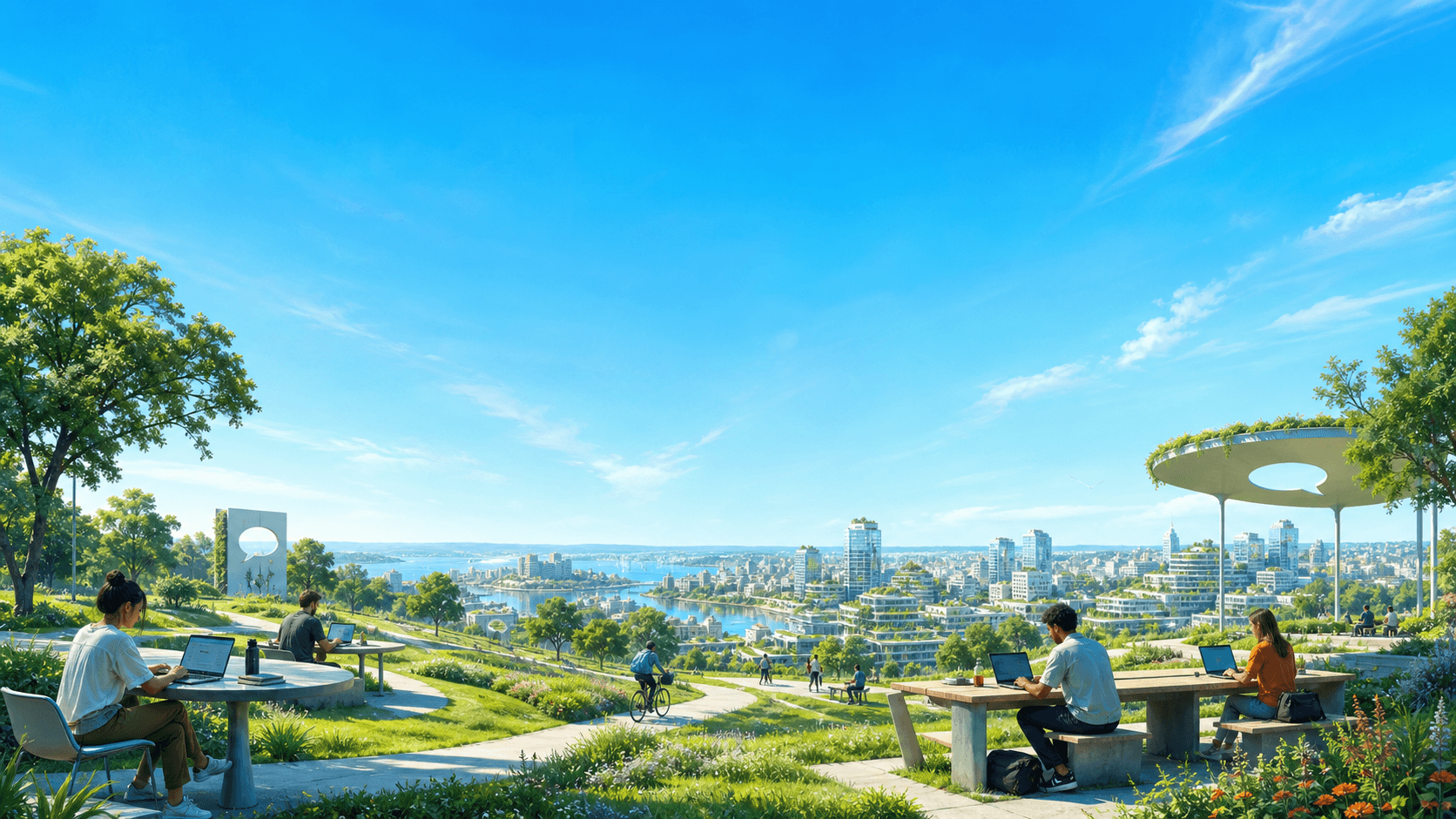 Remote contributors working from laptops in a bright, future-facing city park